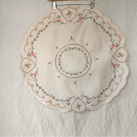 Vintage Round Cotton Tablecloth Hand Made  Cover  Cross Stitching Linens Antics - Picture 1 of 8